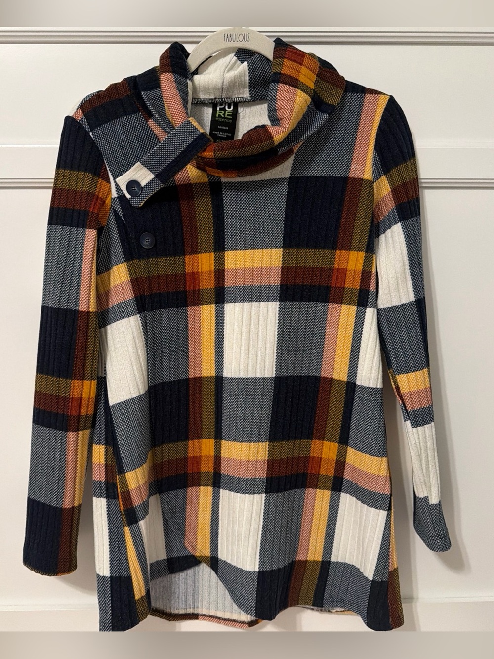 Plaid Ribbed Funnel-Neck Sweater in Navy, Mustard & Cream